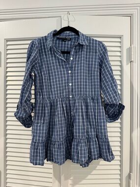Veronica Beard Blue Plaid Tiered Button Tunic